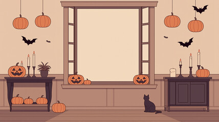 Obraz premium ハロウィーンモチーフで飾られた部屋の背景イラスト。かぼちゃ、室内装飾、ガーランド、インテリア、暮らし、住宅、リビング、寝室、壁、窓、ドア、棚、ソファ、ベッド、季節イベント、秋、かわいい、シンプル、背景素材、挿絵、カード、バナー、広告、チラシ、販促、ブログ、SNS、動画背景、壁紙用途にも使いやすい汎用デザイン素材です。空間演出の参考素材としても活用できます。シーズン訴求