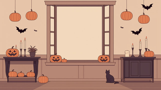 ハロウィーンモチーフで飾られた部屋の背景イラスト。かぼちゃ、室内装飾、ガーランド、インテリア、暮らし、住宅、リビング、寝室、壁、窓、ドア、棚、ソファ、ベッド、季節イベント、秋、かわいい、シンプル、背景素材、挿絵、カード、バナー、広告、チラシ、販促、ブログ、SNS、動画背景、壁紙用途にも使いやすい汎用デザイン素材です。空間演出の参考素材としても活用できます。シーズン訴求