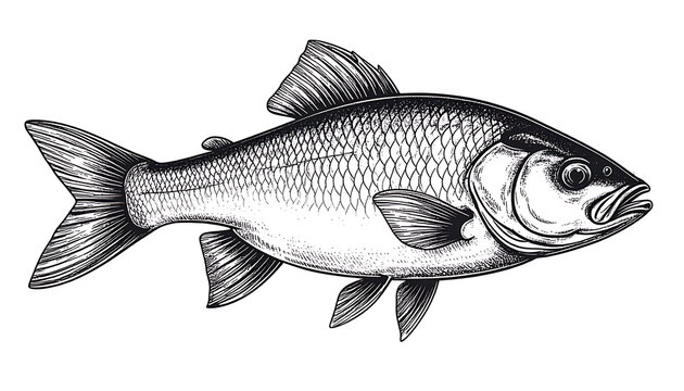 Isolated carp fish illustration, detailed scales and fins, realistic sketch style, aquatic life, fishing hobby