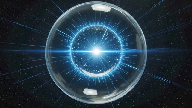 Glowing energy sphere with radiant light and dynamic blue rays emanating from the center, set against a dark starry background in a cosmic environment