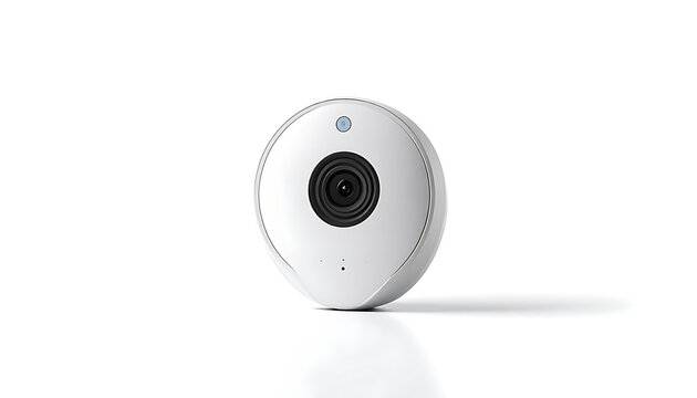 Isolated modern white security camera with wide lens and blue indicator light, home surveillance technology