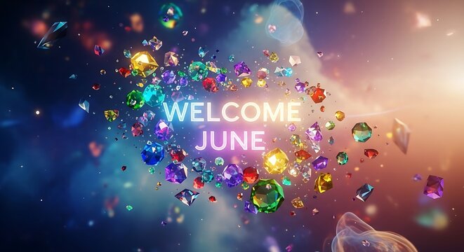 Joyful celebration of June with sparkling fireworks and confetti.