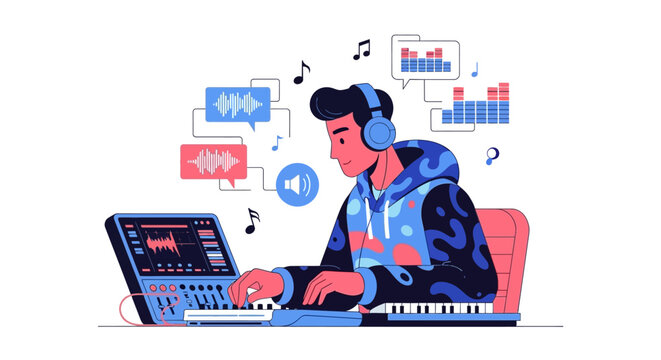 Young man creating music with headphones and keyboard.