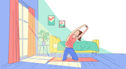 Obraz premium Woman stretching on yoga mat indoors.
