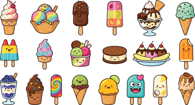 Cute kawaii ice cream and popsicle vector illustration set, cartoon summer dessert icons with happy smiling faces