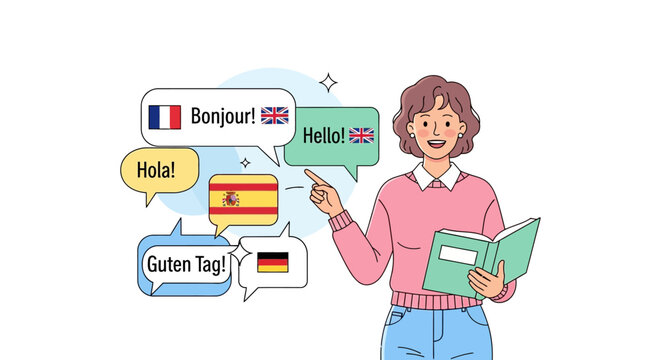 Woman teaching multiple languages with speech bubbles.