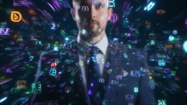 Person in suit surrounded by glowing mathematical symbols, Greek letters, and digital icons streaming forward, abstract visualization of artificial intelligence, computational thinking, and futuristic
