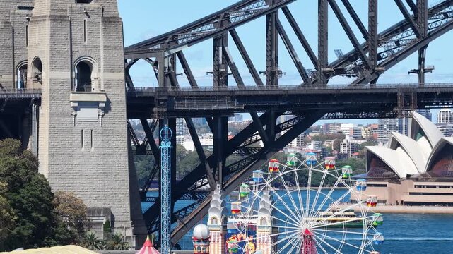 Tele view of Sydney Harbour bridge from Lavender bay to city CBD waterfront &ndash; aerial cityscape.