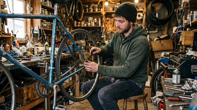 Mechanic repairing blue bicycle in cluttered workshop with warm natural lighting for advertising