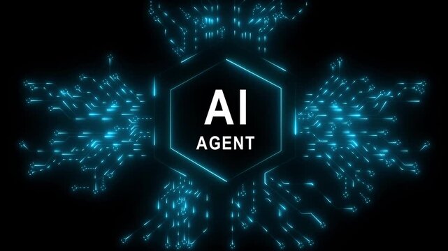 Glowing ai agent emblem surrounded by digital networks and swirling black background 4k video...
