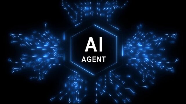 Glowing ai agent emblem surrounded by digital networks and swirling black background 4k video...