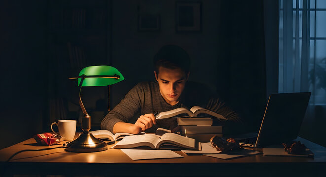 Young student studying hard at night with green desk lamp and many open books on.
