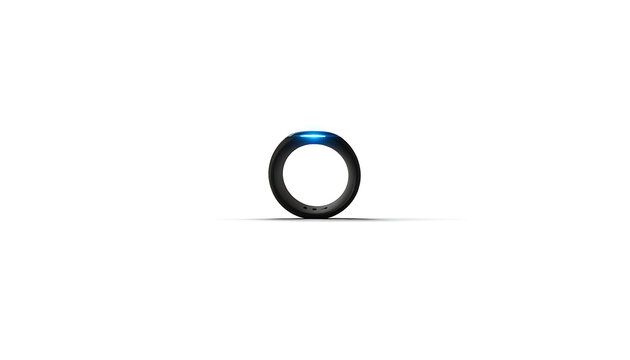 Isolated smart ring with blue illuminated indicator light and textured band on a neutral background