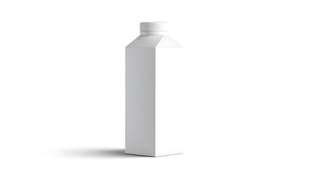 Isolated tall rectangular white carton or bottle with a white screw cap, isolated on a white background, packaging mockup