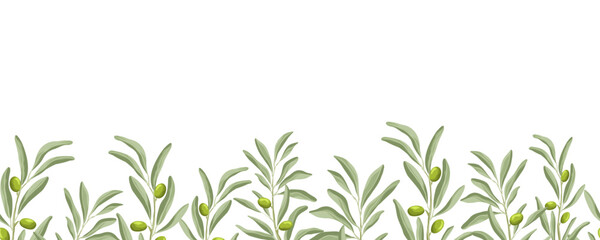 Fototapeta premium Horizontal frame with olive branches and green olives. Isolated hand drawn vector illustration on a white background. Perfect for your design of invitations, greeting cards, banners and other