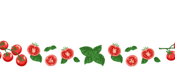 Horizontal pattern frame with tomatoes and basil leaves. Isolated hand drawn vector illustration on a white background. Perfect for your design of invitations, greeting cards, banners and other © ermakova_draws