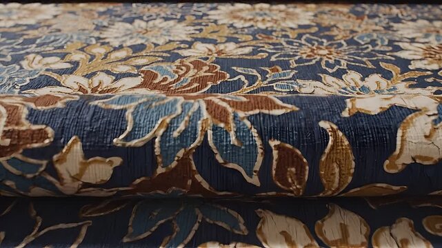 Closeup of a dark blue fabric with a detailed floral pattern in beige brown and light blue.