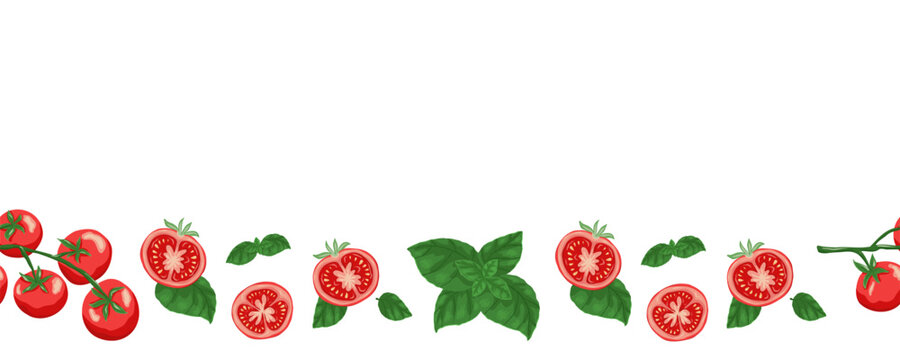 Horizontal pattern frame with tomatoes and basil leaves. Isolated hand drawn vector illustration on a white background. Perfect for your design of invitations, greeting cards, banners and other