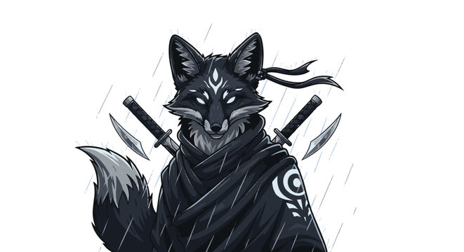 Vector illustration of a shadow fox assassin mascot logo featuring a fox in dark tactical gear with a hood, sharp eyes, and ninja weapons, designed for gaming and esports branding.