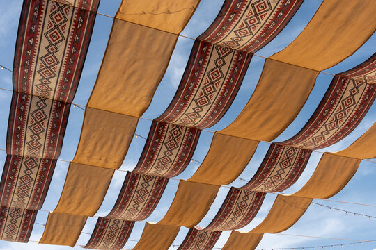 Authentic Arabic Patterned Fabric Canopy Perspective at Mina District, Old Doha Port Heritage, Qatar.