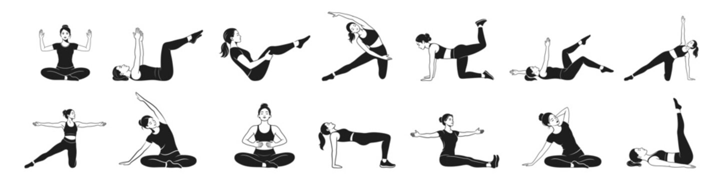 Woman icon with black yoga pose. Clean icon on transparent background.