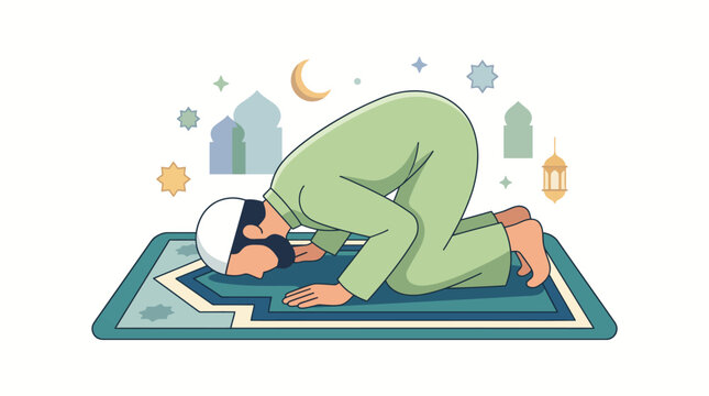 Muslim man performing prayer in prostration Sujud position on a traditional prayer rug flat vector illustration