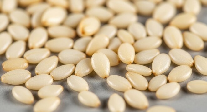 A close-up of a single pine nut against a white background.