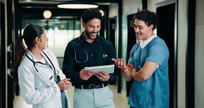 Medical, happy or team in hospital with tablet, good news or positive feedback on treatment plan. People, laugh or doctors with tech, clinical collaboration or research breakthrough in healthcare.