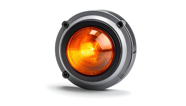 Isolated industrial indicator light with glowing orange lens and metallic housing, warning signal, alert symbol