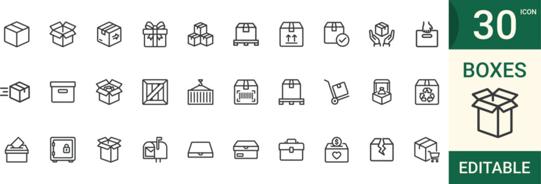 Editable box 30 icons for logistics and shipping concepts Vector illustration.