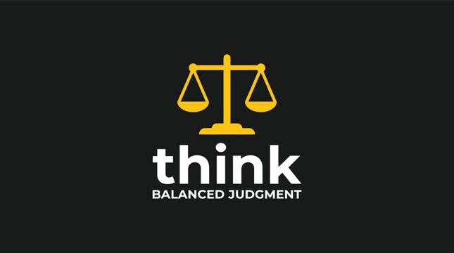 Golden scale of justice icon with think balanced judgment text representing fairness ethics and thoughtful decision-making on a black background