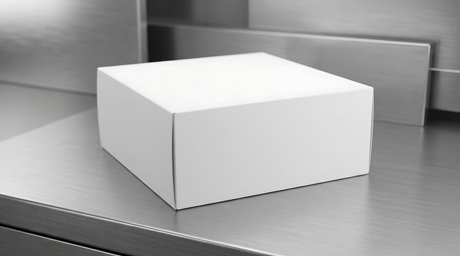 Blank white cardboard cake box mockup on metallic industrial surface for packaging branding design and product showcase