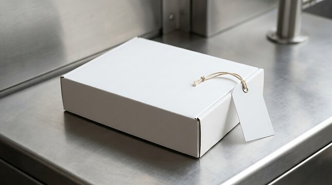 Blank white cardboard box with hang tag mockup on metallic surface for retail branding and product display