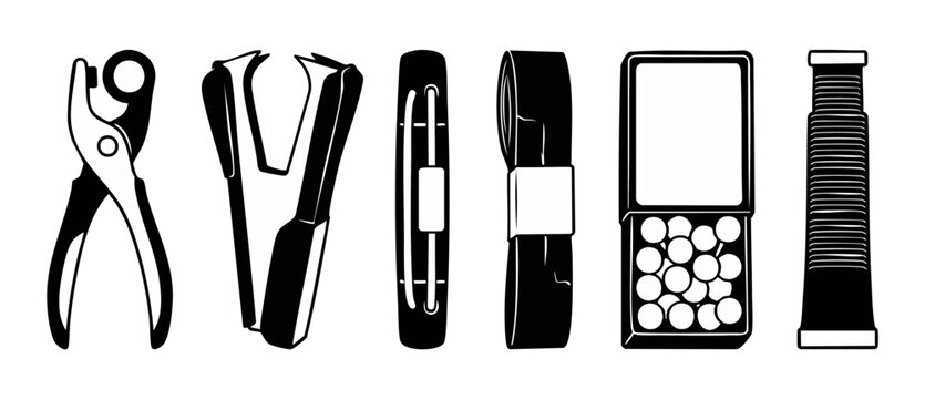 Office supplies icon set vector organizing stationery tools on white background in clean minimalist style including staple remover, hole punch, push pins, ribbon, and paper fastener for craft work.