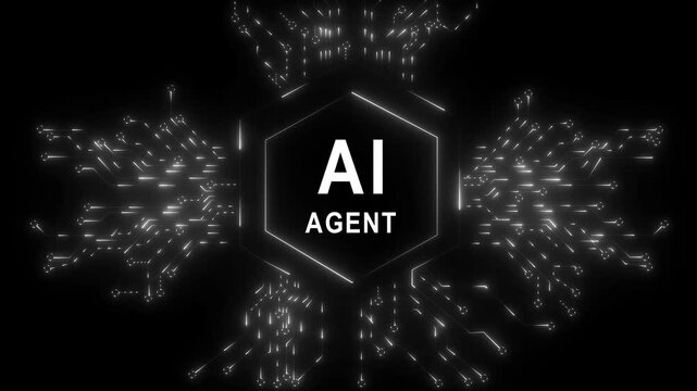 Glowing ai agent emblem surrounded by digital networks and swirling black background 4k video...