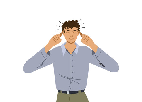 Thinking man with focused thoughtful tensed face expression, fingers on temples. Concentration on thoughts, solving difficult problem. Flat vector illustration isolated on white background