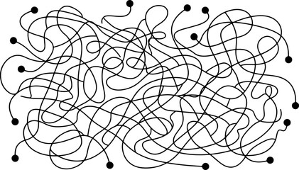 Obraz premium Abstract tangled mess complex thread lines concept vector illustration featuring chaotic scribble knot with nodes isolated on white background for problem solving business challenge,
