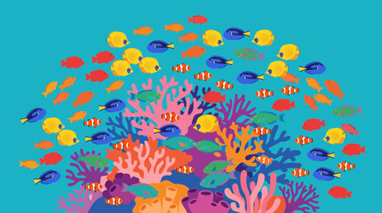 Colorful Fish Schooling Around Tropical Coral Formation © Bima