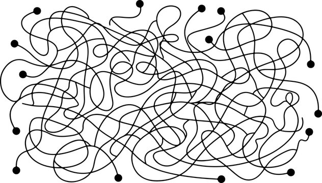 Abstract tangled mess complex thread lines concept vector illustration featuring chaotic scribble knot with nodes isolated on white background for problem solving business challenge,
