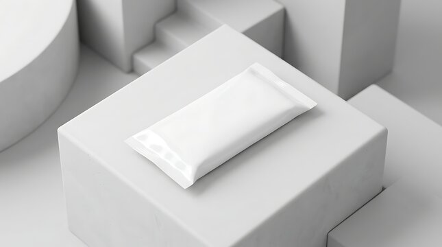 Blank snack wrapper mockup on geometric platform for food product branding, packaging design template, clean empty pouch