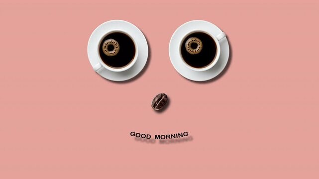 Coffee morning routine typography animation with organic face features on medium red screen.
