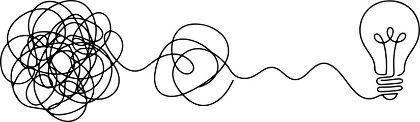 Abstract tangled line unraveling into a lightbulb icon vector illustration featuring transition from chaos to a creative smart idea isolated on white background, © fepro