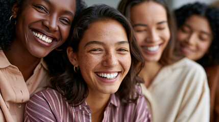 Fototapeta premium A diverse group of confident people with real skin textures pose together in a bright clean studio with warm pastel colors relaxed expressions minimal makeup natural