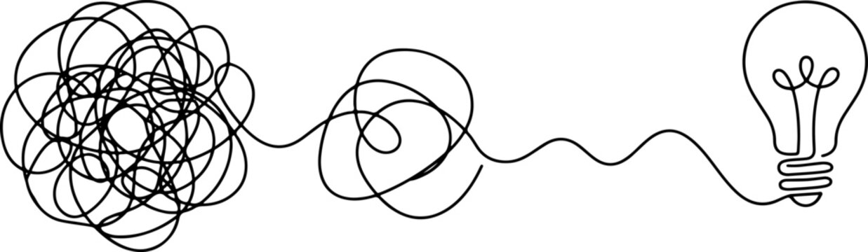 Abstract tangled line unraveling into a lightbulb icon vector illustration featuring transition from chaos to a creative smart idea isolated on white background,