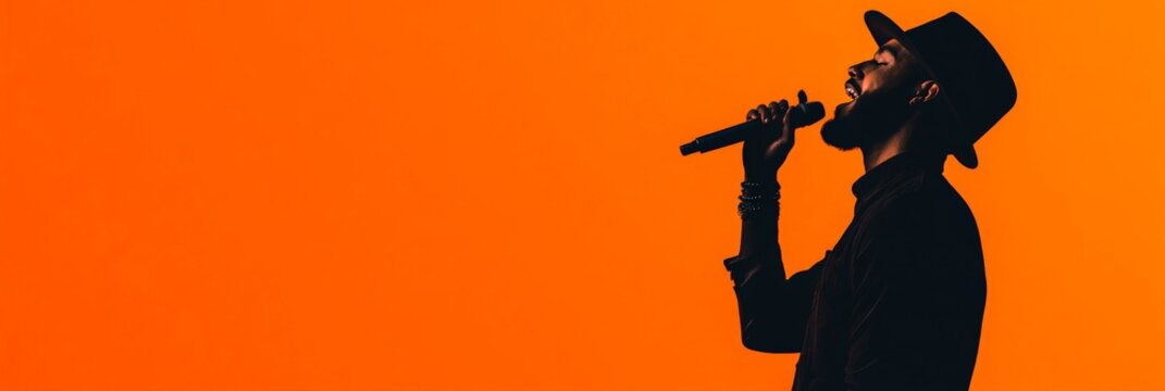 Silhouette of a male singer passionately performing a song, holding a microphone close to his mouth against a vibrant orange backdrop, creating a dramatic and energetic atmosphere