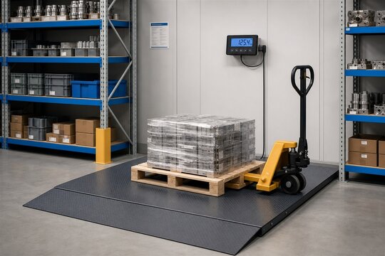 A digital scale shows the weight of a pallet stacked with several goods in a warehouse. A hand pallet truck stands ready next to the scale. Shelves with various boxes are seen in the background.