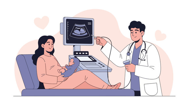 Doctor performs ultrasound scan on pregnant woman, showing baby.
