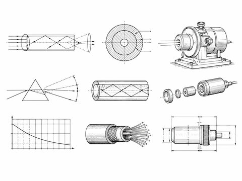 Scientific Diagrams Illustrating Optical Principles and Engineering Components Light Propagation Refraction Fiber Optics and Precision Device Blueprints for Technical Education and Research Fiber opti