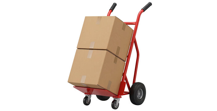 Vibrant red hand truck loaded with two stacked cardboard shipping boxes, ready for seamless delivery, efficient moving, and freight services