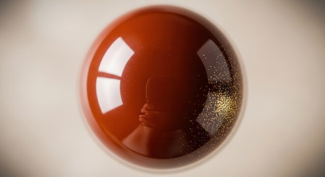 Close-up of a polished red agate sphere with reflections on a neutral background.